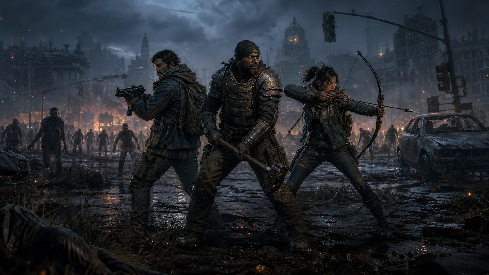 Three survivors at a ruined city intersection